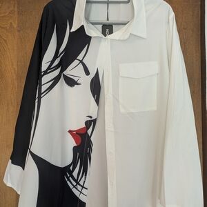 Noracora Black & White Graphic Button-Up Shirt 3XL NWT